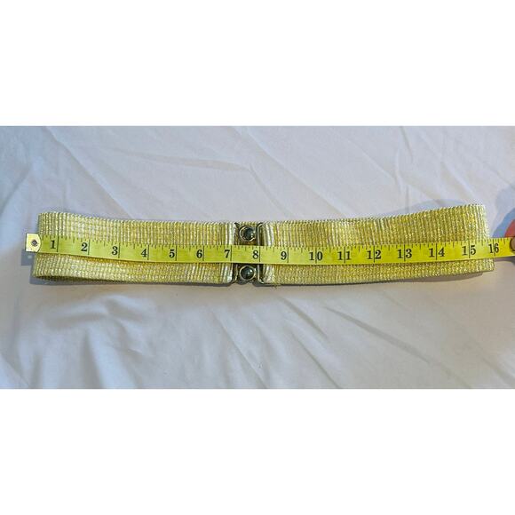 Vintage 80s  Bright Gold Malco Modes Wide Elastic Cinch Belt Gold Metal Buckle - Picture 4 of 8
